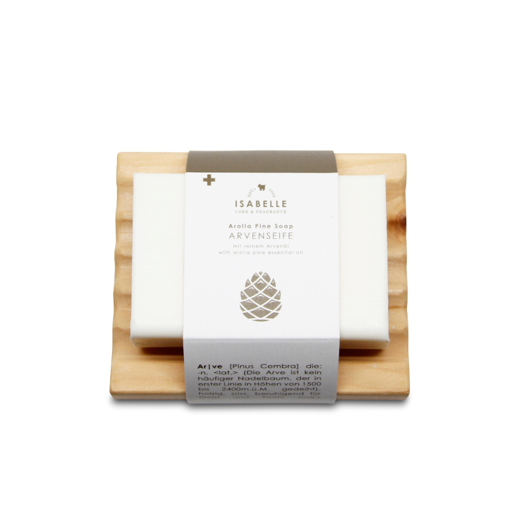 Savon au pin cembro sur plateau en bois de pin cembro Isabelle