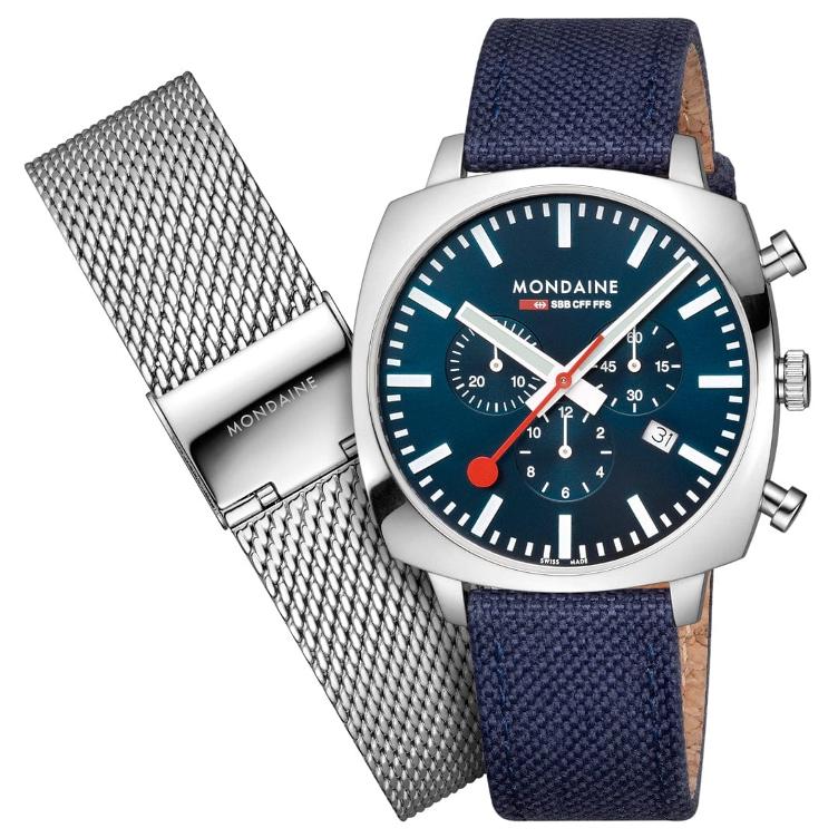 Mondaine Montre-bracelet Grand Cushion Set en acier inoxydable bleu