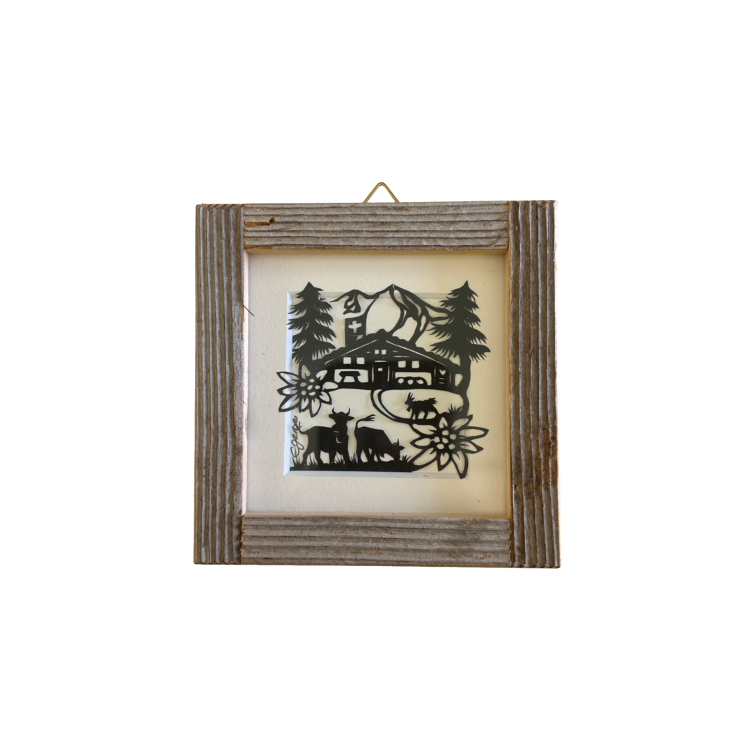 Scherenschnitt 10x10cm Chalet mit Kühe
