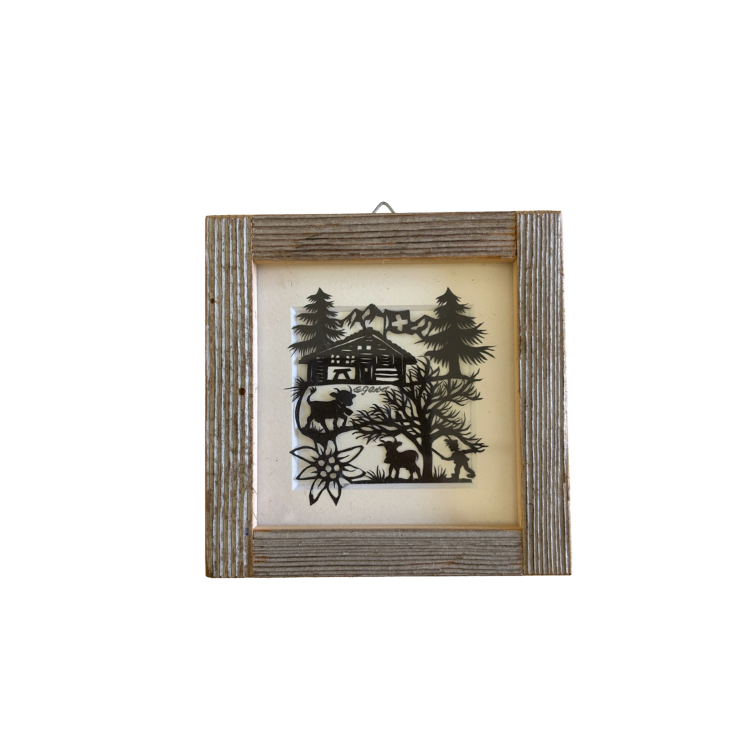 Scherenschnitt 10x10cm Chalet mit Tieren