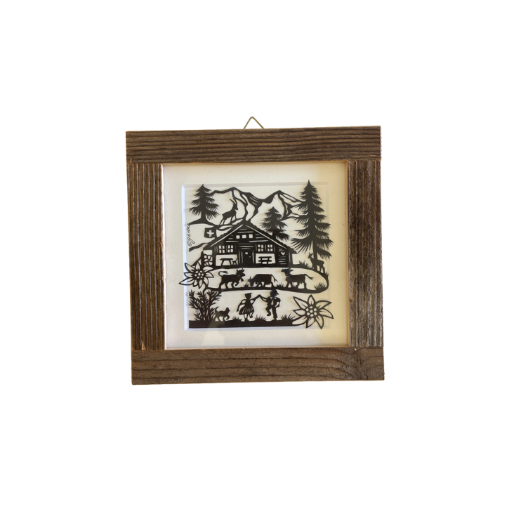 Scherenschnitt 14x14 Holzchalet,Tanzpaar, Steinbock